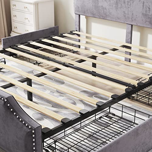AMERLIFE King Size Bed Frame with 4 Storage Drawers and Headboard, Velvet Upholstered Platform Rivet Curved Adjustable Headboard/Strong Wooden Slats/Easy Assembly/Grey