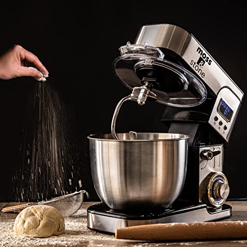 Moss & Stone Stand Mixer With LCD Display, 6 Speed Electric Mixer With 5.5 Quart Stainless Steel Mixing Bowl, Black Body, Dough Hook, Egg Whisk, Beater & Baking Spatula