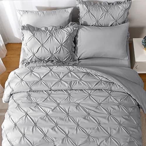 JOLLYVOGUE Queen Comforter Set 7 Pieces, Pintuck Gray Bed in a Bag Comforter Set, Bedding Sets with Comforter, Sheets, Ruffled Shams & Pillowcases 100% Brushed Microfiber