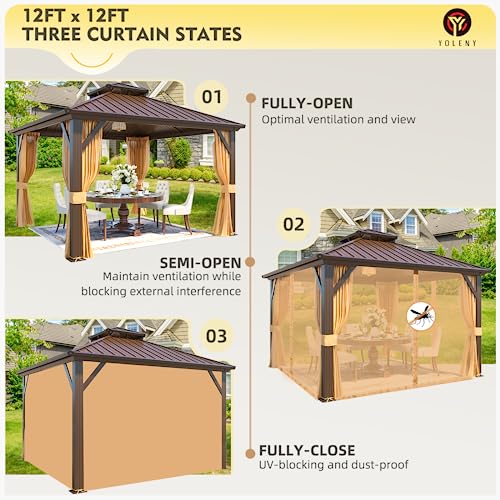 YOLENY 12' x 12' Gazebo, Hardtop Gazebo with Aluminum Frame, Double Galvanized Steel Roof, Curtains and Netting Included, for Patios, Garden, Lawns, Parties