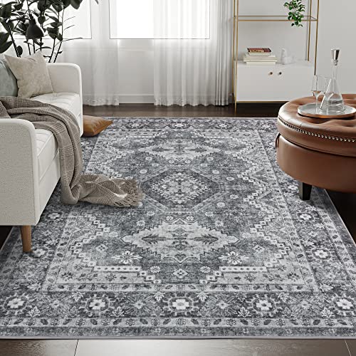 Rugland 8x10 Area Rugs - Stain Resistant Washable Rug, Anti Slip Backing for Living Room, Boho Vintage Tribal Ultra Soft and Smooth(TPR07-Grey, 8'x10')