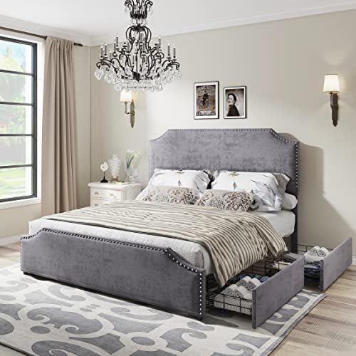 AMERLIFE King Size Bed Frame with 4 Storage Drawers and Headboard, Velvet Upholstered Platform Rivet Curved Adjustable Headboard/Strong Wooden Slats/Easy Assembly/Grey