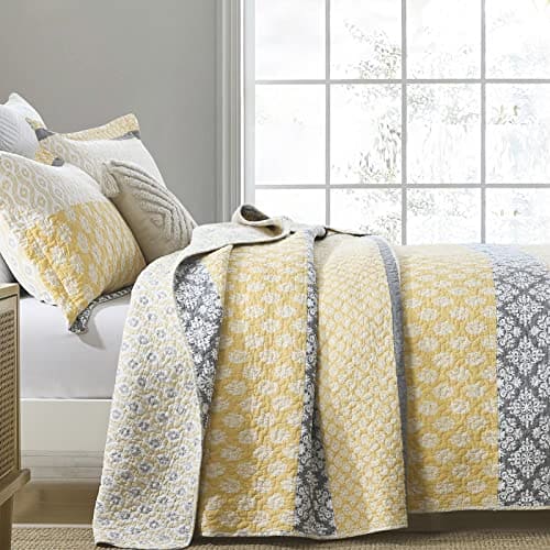 SahSahCasa Quilt Queen Size, 100% Cotton Floral Quilt, Bedding Set Bedspreads, Patchwork Reversible Lightweight Comforter Bed Spread for All Season, Yellow/Gray, Nice Tight Stitch3 Pieces