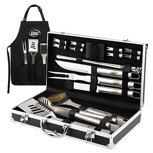 Kaluns BBQ Grill Accessories, Grilling Accessories for Outdoor Grill, High Quality Stainless Steel Grill Set with Aluminum Case and Apron, Barbeque Tools, Grilling Gifts for Men, Women, Dad