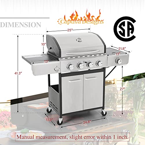 Captiva Designs 4-Burners Propane Gas BBQ Grill with Side Burner & Porcelain-Enameled Cast Iron Grates, Must have for Outdoor Cooking Kitchen and Patio Backyard Barbecue