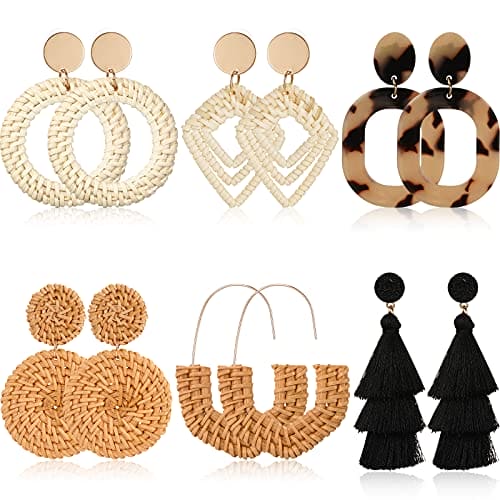 6 Pairs Rattan Earrings Straw Earrings Tassel Woven Bohemian Earring Handmade Wicker Braid Hoop Drop Earring For Women Girls (Charming Series)