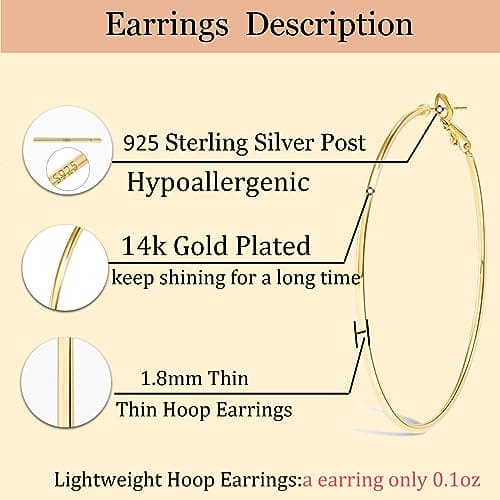 Cocadant 3 Pairs 60mm Big Hoop Earrings for Women Girls,Stainless Steel Earrings 14K Gold Plated Rose Gold Plated Silver Hypoallergenic Hoops set