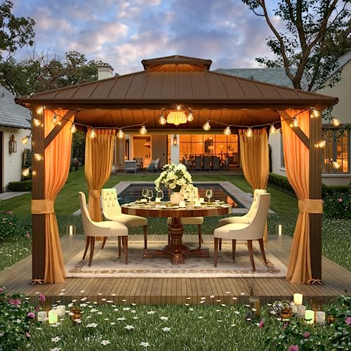 YOLENY 12' x 12' Gazebo, Hardtop Gazebo with Aluminum Frame, Double Galvanized Steel Roof, Curtains and Netting Included, for Patios, Garden, Lawns, Parties