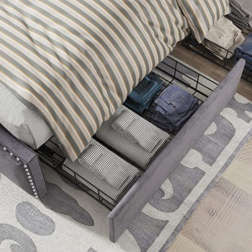 AMERLIFE King Size Bed Frame with 4 Storage Drawers and Headboard, Velvet Upholstered Platform Rivet Curved Adjustable Headboard/Strong Wooden Slats/Easy Assembly/Grey