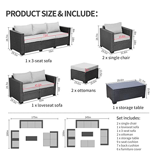 Rattaner Patio Furniture Sets 7 Pieces Outdoor Furniture Sectional Patio Couches Set Storage Table No-Slip Grey Cushions and Waterproof Covers