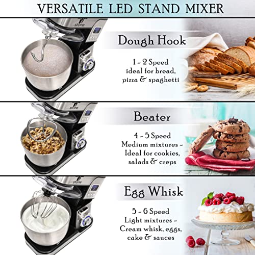 Moss & Stone Stand Mixer With LCD Display, 6 Speed Electric Mixer With 5.5 Quart Stainless Steel Mixing Bowl, Black Body, Dough Hook, Egg Whisk, Beater & Baking Spatula