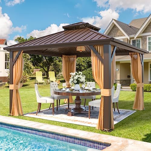 YOLENY 12' x 12' Gazebo, Hardtop Gazebo with Aluminum Frame, Double Galvanized Steel Roof, Curtains and Netting Included, for Patios, Garden, Lawns, Parties