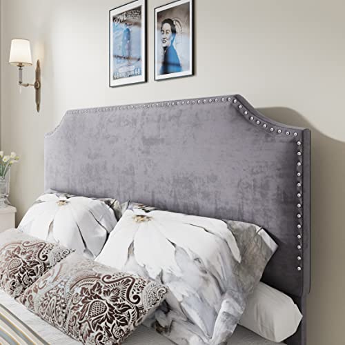 AMERLIFE King Size Bed Frame with 4 Storage Drawers and Headboard, Velvet Upholstered Platform Rivet Curved Adjustable Headboard/Strong Wooden Slats/Easy Assembly/Grey