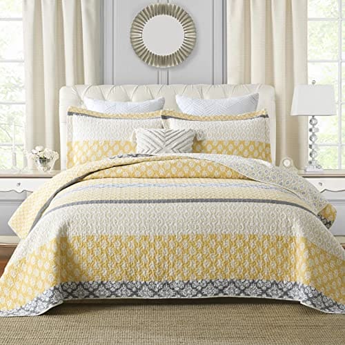 SahSahCasa Quilt Queen Size, 100% Cotton Floral Quilt, Bedding Set Bedspreads, Patchwork Reversible Lightweight Comforter Bed Spread for All Season, Yellow/Gray, Nice Tight Stitch3 Pieces