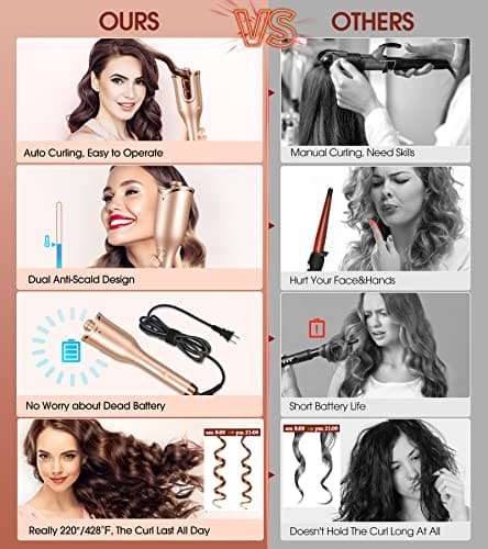 Automatic Hair Curler, Professional Anti-Tangle Curling Iron with 1" Curling Iron Large Slot & 4 Temperature & 3 Timer, Dual Voltage Rotating Curling Iron and Auto Shut-Off for Hair Styling