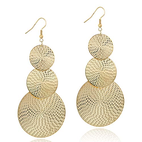COZLANE 14K Gold Triple Round Disc Brass Earrings Dangle Drop Carved Big Dangling Bohemia Vintage Circular Statement Chandelier Earrings for Women Girls