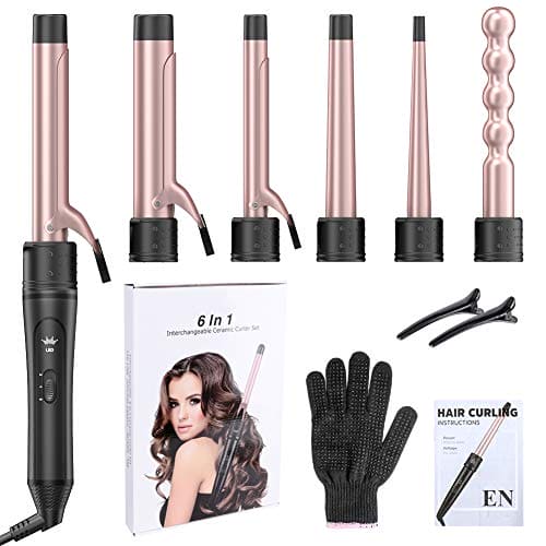 6-IN-1 Curling Iron, Professional Curling Iron Wand Set with 6 Interchangeable Ceramic Barrels (0.35'' to 1.25'') and 2 Temperature Adjustments, Heat Protective Glove & 2 Clips