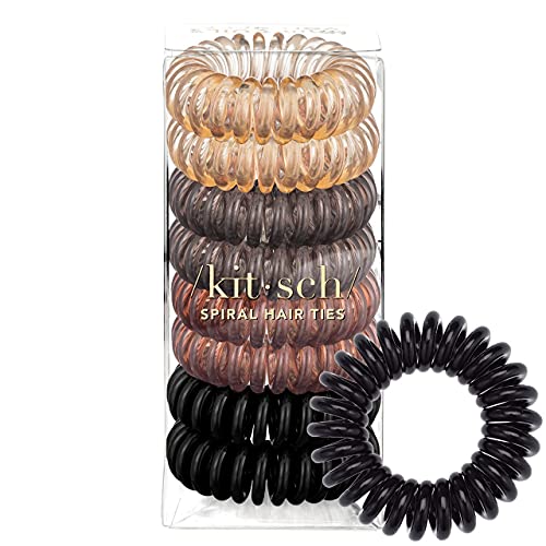 Kitsch Spiral Hair Ties for Women - Waterproof Ponytail Holders | Stylish Phone Cord Hair Ties & Hair Coils for Girls | Coil Hair Ties for Thick Hair & Thin Hair, 8 Pcs (Brunette)