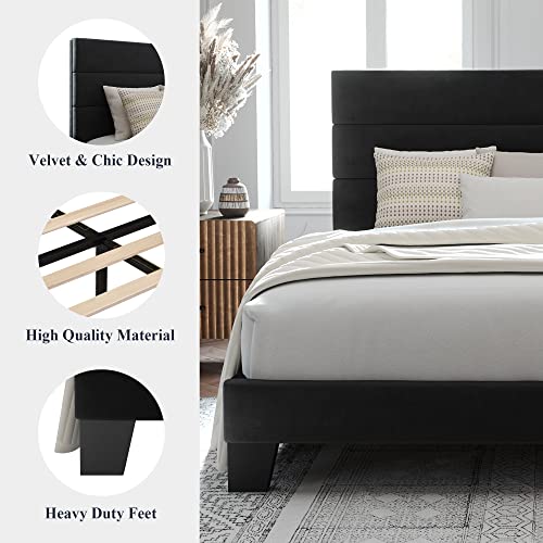 Allewie Queen Size Platform Bed Frame with Velvet Upholstered Headboard and Wooden Slats Support, Fully Upholstered Mattress Foundation/No Box Spring Needed/Easy Assembly, Black Noise Free, Designed with Solid Wood Slats