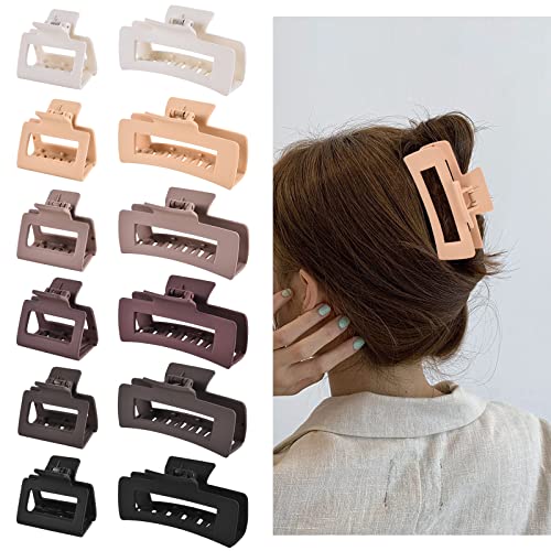 12 Pcs Rectangle Hair Clips, Hair Accessories for Women and Girls, Including 6 Pcs 4 Inch Large Claw Clips for Thick Hair and 6 Pcs 2 inch Small Hair Claw Clips for Thin Hair Set Matte Coating (Neutral)