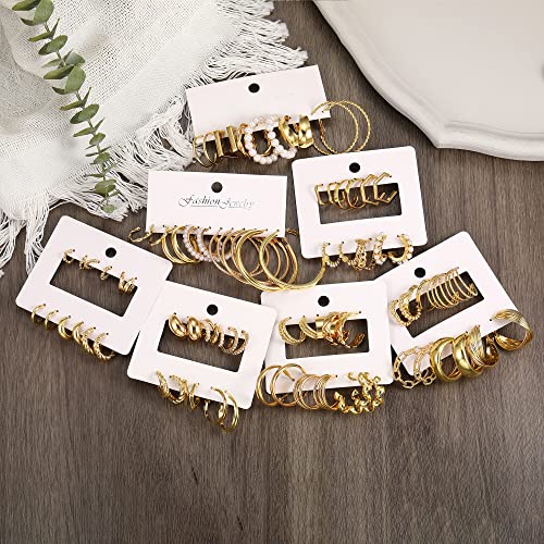 42 Pairs Gold Hoop Earrings Set for Women, Fashion Chunky Pearl Earrings Multipack Twisted Statement Earring Pack, Hypoallergenic Small Big Hoops Earrings for Birthday Party (gold A)