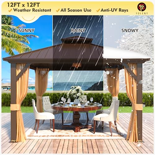 YOLENY 12' x 12' Gazebo, Hardtop Gazebo with Aluminum Frame, Double Galvanized Steel Roof, Curtains and Netting Included, for Patios, Garden, Lawns, Parties