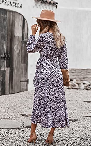 PRETTYGARDEN Women's Long Sleeve Vintage Flowy Dress Floral Print V-Neck Dresses