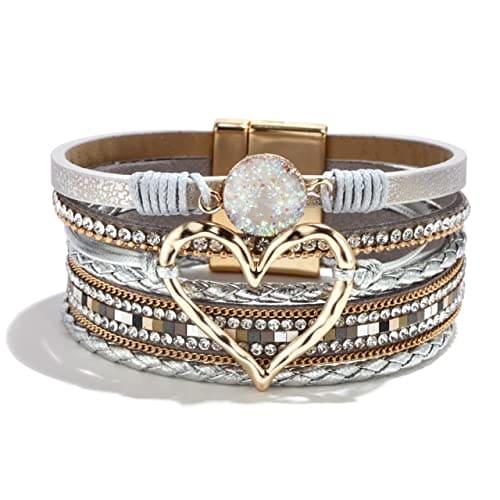 Long tiantian Multilayer Wrap Leather Bracelet Heart Modern Boho Bracelet with Magnetic Clasp Cuff Rhinestone Leather Bracelets for Women