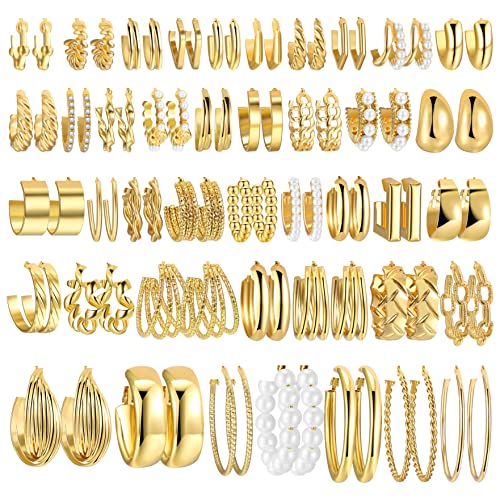 42 Pairs Gold Hoop Earrings Set for Women, Fashion Chunky Pearl Earrings Multipack Twisted Statement Earring Pack, Hypoallergenic Small Big Hoops Earrings for Birthday Party (gold A)