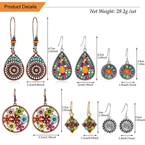 Bohemian Vintage Zinc Dangle Earrings Boho Retro Hollow Metal Dangle Drop Earrings for Women Girls (6pairs)