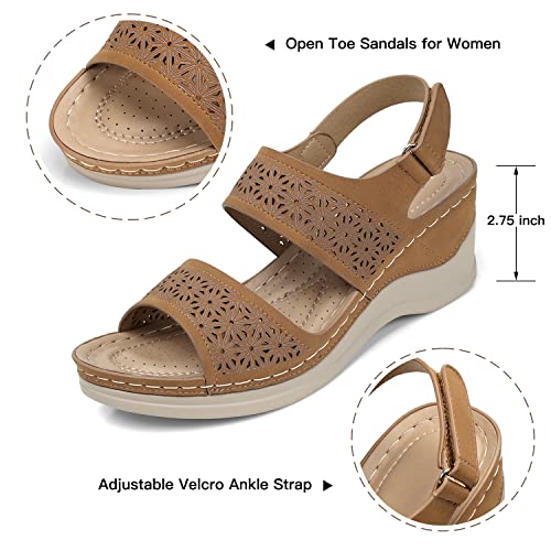 SHIBEVER Women Wedge Sandals Dressy: Summer Low Heel Open Toe Shoes Brown Comfortable Platform Shoes