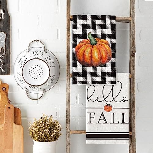 Artoid Mode Buffalo Plaid Pumpkin Hello Fall Kitchen Towels Dish Towels, Set of 2 18x26 Inch Seasonal Hand Towels