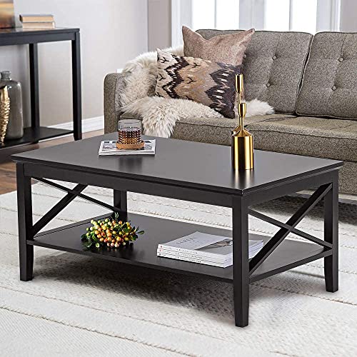 ChooChoo Oxford Coffee Table with Thicker Legs, Black Wood Coffee Table with Storage for Living Room Must Have For Living Room