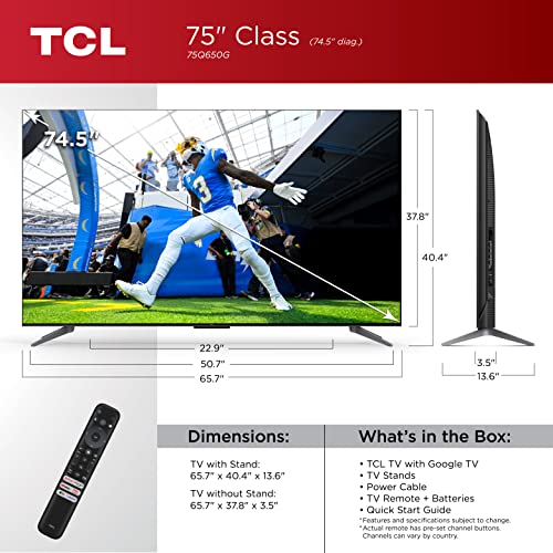 TCL 75-Inch Q6 QLED 4K Smart TV with Google TV (75Q650G, 2023 Model) Dolby Vision, Atmos, HDR Pro+, Game Accelerator Enhanced Gaming, Voice Remote, Alexa UHD Television