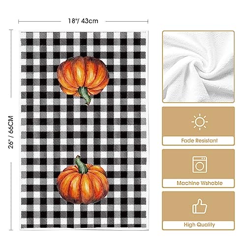 Artoid Mode Buffalo Plaid Pumpkin Hello Fall Kitchen Towels Dish Towels, Set of 2 18x26 Inch Seasonal Hand Towels