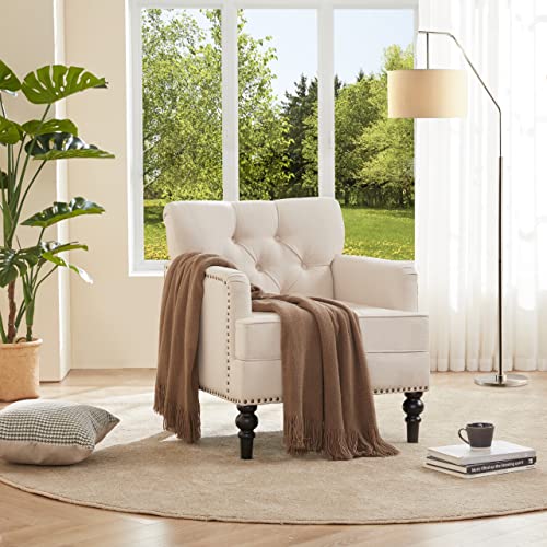 Iroomy Linen Accent Chairs for Living Room, Mid Century Modern Armchair with Thick Cushion and Wood Frame, Comfy Reading Sofa Chair for Bedroom,  Solid Wood FrameBeige