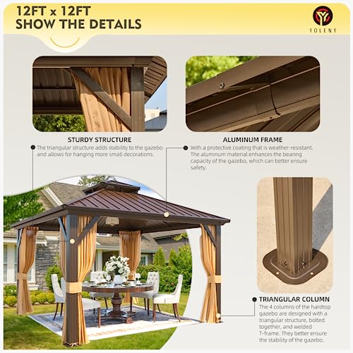 YOLENY 12' x 12' Gazebo, Hardtop Gazebo with Aluminum Frame, Double Galvanized Steel Roof, Curtains and Netting Included, for Patios, Garden, Lawns, Parties