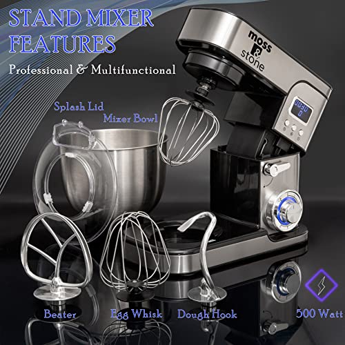 Moss & Stone Stand Mixer With LCD Display, 6 Speed Electric Mixer With 5.5 Quart Stainless Steel Mixing Bowl, Black Body, Dough Hook, Egg Whisk, Beater & Baking Spatula