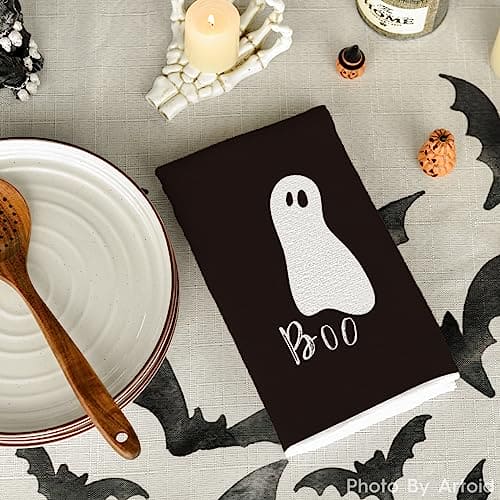Artoid Mode Stripes Trick or Treat Ghost Halloween Kitchen Towels Dish Towels, 18 x 26 Inch Boo Holiday Drying Cloth Hand Towels for Cooking Baking Set of 2