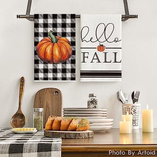 Artoid Mode Buffalo Plaid Pumpkin Hello Fall Kitchen Towels Dish Towels, Set of 2 18x26 Inch Seasonal Hand Towels