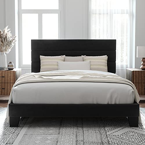 Allewie Queen Size Platform Bed Frame with Velvet Upholstered Headboard and Wooden Slats Support, Fully Upholstered Mattress Foundation/No Box Spring Needed/Easy Assembly, Black Noise Free, Designed with Solid Wood Slats