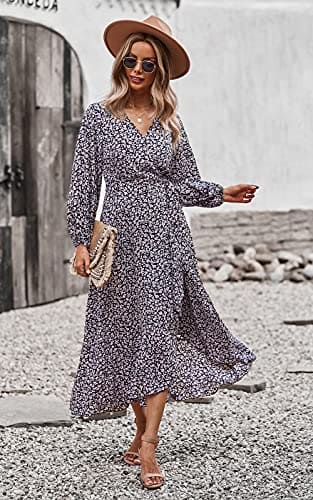 PRETTYGARDEN Women's Long Sleeve Vintage Flowy Dress Floral Print V-Neck Dresses