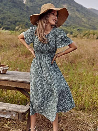 Floerns Women's Short Sleeve Boho Floral Dress A Line Smocked Midi Dress