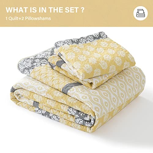 SahSahCasa Quilt Queen Size, 100% Cotton Floral Quilt, Bedding Set Bedspreads, Patchwork Reversible Lightweight Comforter Bed Spread for All Season, Yellow/Gray, Nice Tight Stitch3 Pieces