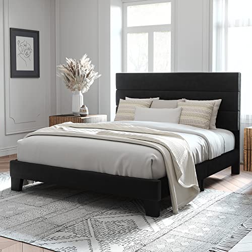 Allewie Queen Size Platform Bed Frame with Velvet Upholstered Headboard and Wooden Slats Support, Fully Upholstered Mattress Foundation/No Box Spring Needed/Easy Assembly, Black Noise Free, Designed with Solid Wood Slats