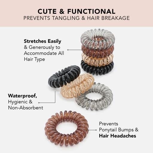 Kitsch Spiral Hair Ties for Women - Waterproof Ponytail Holders | Stylish Phone Cord Hair Ties & Hair Coils for Girls | Coil Hair Ties for Thick Hair & Thin Hair, 8 Pcs (Brunette)