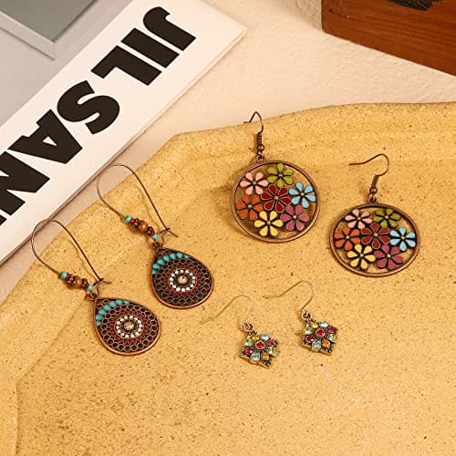 Bohemian Vintage Zinc Dangle Earrings Boho Retro Hollow Metal Dangle Drop Earrings for Women Girls (6pairs)
