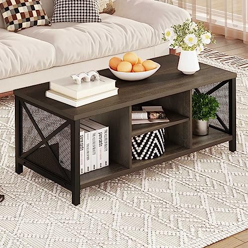 FATORRI Rustic Coffee Table for Living Room, Farmhouse Dark Wood Center Table, Industrial (Walnut Brown)