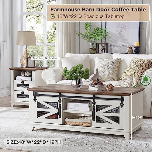 OKD 48'' Coffee Table with Storage & Sliding Barn Doors, Farmhouse & Industrial Cocktail Table w/Adjustable Shelves, Modern Rectangular Rustic Living Room Table Antique White