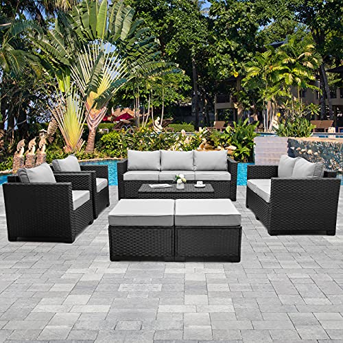 Rattaner Patio Furniture Sets 7 Pieces Outdoor Furniture Sectional Patio Couches Set Storage Table No-Slip Grey Cushions and Waterproof Covers